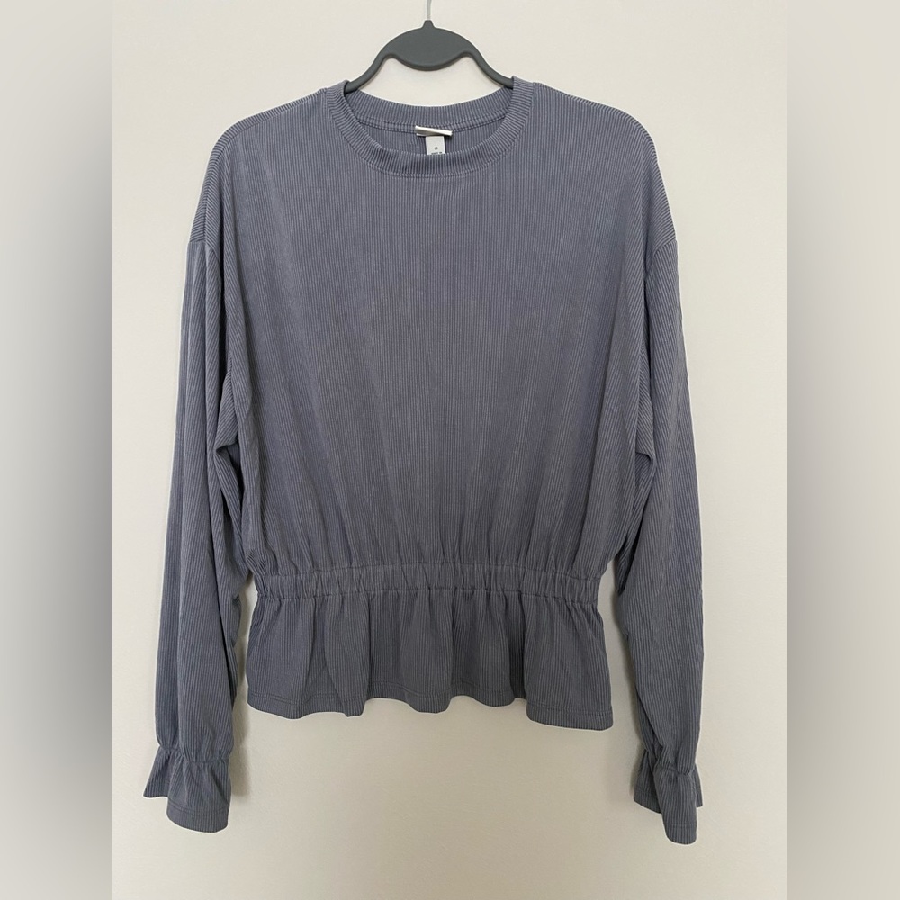 A New Day | Peplum Gathered LS Top | Slate